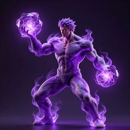 a muscular man made of purple energy, wielding two orbs in his hands that are able to manipulate the force of electromagnetism in order to cause chemical changes inside of the orbs. he is using the orbs to perform nuclear fusion with a supply of hydrogen he obtained from breaking apart water.