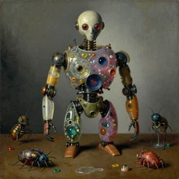 strange futuristic robot body, disturbing colorful oil painting dutch golden age vanitas still life sparse composition with bizarre intricate tiny objects strange gooey transparent surfaces shiny metal reflections bizarre mutant meat insects rachel ruysch dali todd schorr very detailed perfect composition rule of thirds masterpiece canon 5 0 mm, cinematic lighting, photography, retro, film, kodachrome