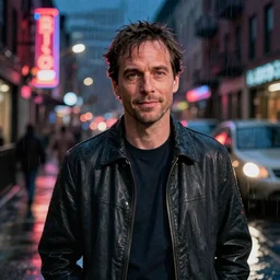 night flash portrait photography of paul rudd on the lower east side by annie leibovitz, raining!!! nighttime!!, colorful!!,