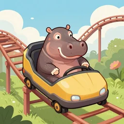 a portrait of a hippo riding in a roller coaster, illustration, digital art