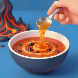human eating a soup full of magma and lava, digital art, colorful, vibrant
