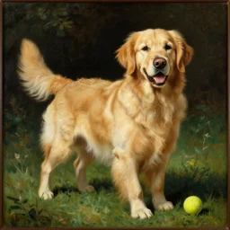 rococo painting of a golden retriever with a tennis ball