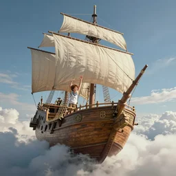 a boy being thrown off of a large wooden fantasy sky - ship with horizontal sails flying through the clouds with blue sky, andreas rocha style