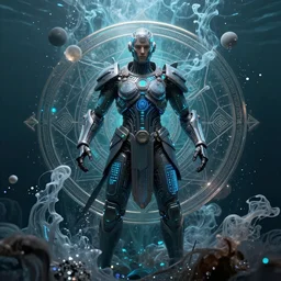 a centered render of an ancient futuristic warrior with digital modifications surrounded by a underwater ink pour and flowing liquid gallium and complex sacred geometry, perfect body and face, powerful, cinematic, beautifully lit, by beeple, by artgerm, by karol bak, 3 d, trending on artstation, octane render, 8 k