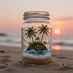 photograph of a glass jar with a miniature tropical island inside, standing in sand on a beach. palm trees in the jar. waves in the jar. an island in the jar. quiet sunset in the background. soft golden red lighting. hyperrealistic, cgsociety, 8 k