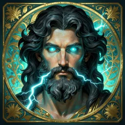 the god zeus, portrait, wavy black hair, bushy beard, glowing eyes, buzzing electricity, volumetric lights, cyan and gold scheme, art nouveau botanicals, gothic, intricate, highly detailed, digital painting, artstation, concept art, smooth, sharp focus, symmetric face, illustration, steampunk, art by artgerm and greg rutkowski and alphonse mucha