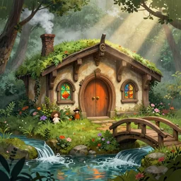 a medieval hobbit home, ornate, beautiful, atmosphere, vibe, mist, smoke, chimney, rain, well, wet, pristine, puddles, waterfall, clear stream, bridge, orange, green, stained glass, forest, flowers, concept art illustration, color page, 4 k, tone mapping, doll, akihiko yoshida, james jean, andrei riabovitchev, marc simonetti, yoshitaka amano, digital illustration, greg rutowski, volumetric lighting, sunbeams, particles, rembrandt
