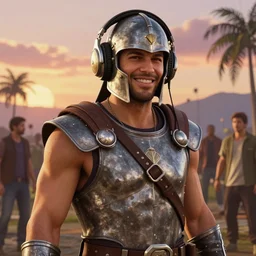 highly detailed portrait of a gladiator with headphones in gta v, sunset in ecuador, happy ambience, stephen bliss, unreal engine, fantasy art by greg rutkowski, loish, rhads, ferdinand knab, makoto shinkai and lois van baarle, ilya kuvshinov, rossdraws, tom bagshaw,
