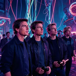 cinematic still of tom cruise, neon, they are watching, RGB, glowing wires everywhere, pristine, by Edgar Maxence and Ross Tran, Zdzisław Beksiński, and Michael Whelan, distant, gustav dore, H.R. Giger, 8k, octane render