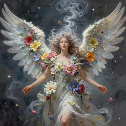 a colorful and provenance illustration painting of a angel with her hugeflowers wings spread out gracefully ， detailed, highly detailed, dramatic lighting, fine - face, pretty face, hair made of hair made of air wind and curling smoke, mist, dust, genie, flowers, flower, stars, spirit fantasy concept art ， art by charlie bowater and aenami, trending on artstation.
