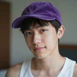 price winning portrait of a student with an violet velour basecap, tank-top, freckles, small silver earring and a smirk on the cover of a gay magazine, Hasselblad, soft focus, f1.2, soft focus