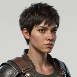 hyper detailed substance painter texture mapped 3 d full body character portrait reference turnaround of a woman with a pixie cut and leather armor, realistically proportioned face, photorealistic eyes, cinematic lighting, good value control, smooth, realistic shading, realistic face details, highly detailed, digital painting, painted texture maps, illustration, substance painter