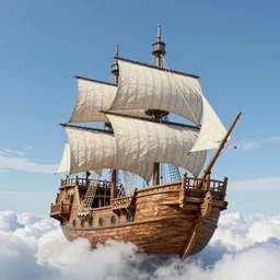 a large wooden fantasy sky - ship with horizontal sails flying through the clouds with blue sky, andreas rocha style