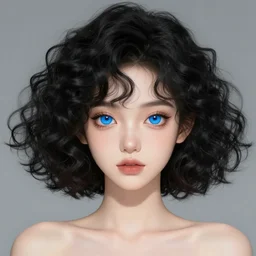 young girl with striking blue eyes and curly black hair in a bob hairstyle, digital art, trending on artstation