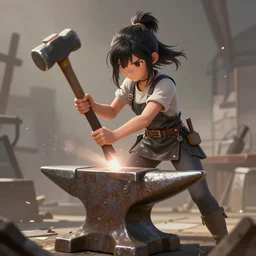 blacksmith cute girl hitting with a hammer, anvill, epic digital art illustration, wide angle, masterpiece, dynamic perspective, anatomy skills, outstanding detail, illustration, colorgrading, LUTs, | 28mm |, great composition
