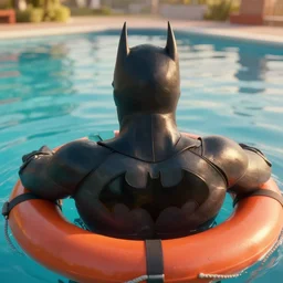 a close - up photo taken from behind of batman, he is using a life preserver and relaxing, he is floating over a giant pool, golden hour, unreal engine 5, trending on artstation