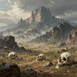 The death landscape with mountains in the background, Sci-Fi fantasy wallpaper, painted, 4k, high detail, sharp focus