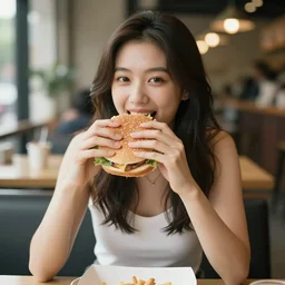 beautiful girl eating a hamburger by the table