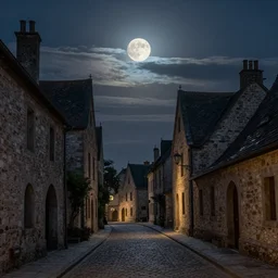 moonlit medieval city street, moon covered with long horizontal clouds, natural colors, medieval painting