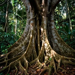 giant roots closeup of a beautiful tree in the jungle, matte painting, by christophe vacher