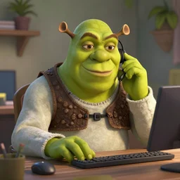shrek working in a call center in a zoom meeting hdr, sharp focus, unreal engine, trending on artstation, octane, trending on deviantart, photography, unreal engine