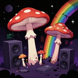 psychedelic magic mushrooms, ryuta ueda artwork, jet set radio artwork, stripes, gloom, space, cel - shaded art style, broken rainbow, data, minimal, speakers, code, cybernetic, dark, eerie, cyber