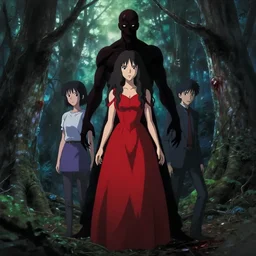 makoto shinkai, yoji shinkawa, rumiko takahashi, full body, pretty alyson hannigan, evil dead demon, evil dead movie, red dress, symmetrical eyes, symmetrical face, long curly black hair, trees, forest, branches, cinematic lighting, evil dead creature, scary, blood