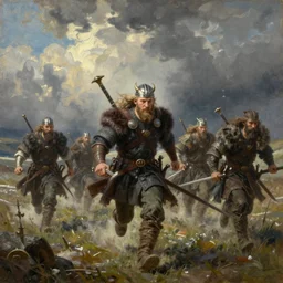 Attacking vikings running against the camera, oil painting