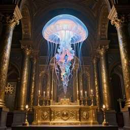 giant glowing alien jellyfish floating over an ornate golden Byzantine altar