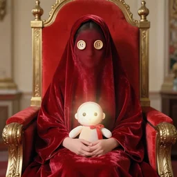 realistic photo of a blurred face of a girl, dressed in a red velvet burqa, sitting on a throne in a red throne room, with buttons for eyes, plush doll emitting aura, 1 9 6 0, life magazine photo, natural colors, metropolitan museum, kodak, 8 k, very detailed, high resolution, product photo,