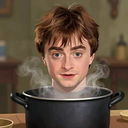 a cooking pot with daniel radcliffe as harry potter face, digital illustration, in the style of greg rutkowski