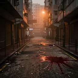 dirty, dark, streets of Hong kong, a creepy orange mist through the streets, blood stains on the floor, debris on the floor, cinematic lighting, ,