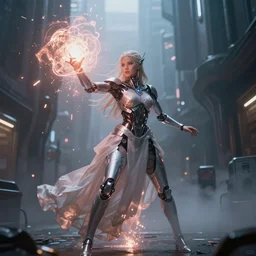 cyborg sorceress casting a magical spell, scifi, special effects, cinematic lighting, atmosphere, sparks, energy shield, highly detailed, futuristic street, foggy weather, masterpiece, artstation, art by eddie mendoza