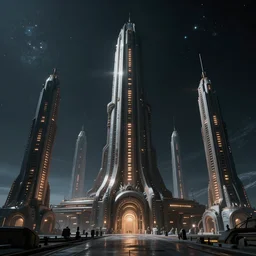 an alien outpost with tall detailed structures with lights in the night sky on an alien planet, incredible detail, anamorphic, cinematic lens flare, ultrarealistic!!!