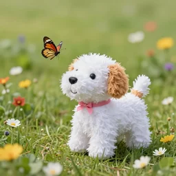 a tiny puppy made of pinata, playing with a butterfly in a flowery meadow, real life, real camera, ultrarealistic