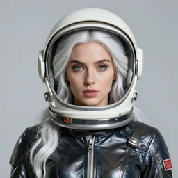 portrait of a woman wearing shiny leather suit and astronaut helmet, english face, refined features, moon goddess, long snow - white hair by jean gerome, edward hopper and james jean, hyper detail, 8 k, high resolution, ultra detailed