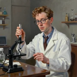 Dexter from Dexters Laboratory depicted as a mad scientist, oil painting