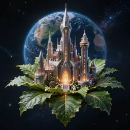 hyper spaceship castle organic flower leaf cosmic futuristic advanced technology, global illumination stellar background concept art hyperrealistic ultra realistic trending on artstation high quality, by paul laffoley