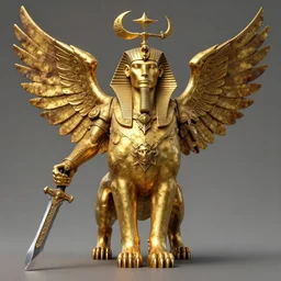 golden war sphinx with 2 arms as a giant blade, ornamented rusty golden wings, sphinx concept, beksinski, ruan jia, warhammer tomb king