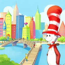 colorful city with towers, bridges, stairs, inhabited by creatures, by dr seuss
