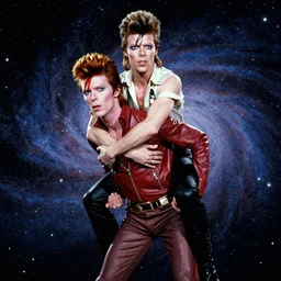 david bowie giving a piggy back ride to ziggy stardust. glam rock. cosmic. peter elson