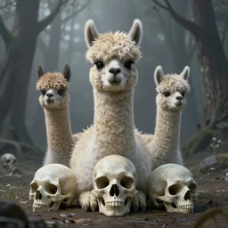 an emo alpacal, digital art made by makoto shinkai, lois van baarle, greg rutkowski and jakub rebelka, highly detailed, symmetrical, extremely coherent, smooth, shaped focus, dystopian gray forest background, skull