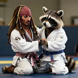 raccoon beats captain Jack sparrow in jiu jitsu