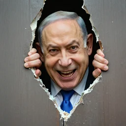 here's johnny! a close - up of benjamin netanyahu sticking his head through a broken door, psychopathic laughter, crazy smile, insane look