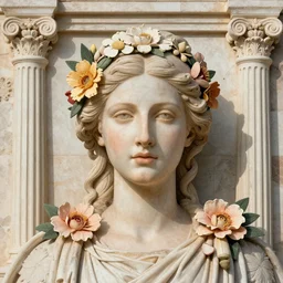 portrait of a beautiful female made of greek architectural ornaments and flowers