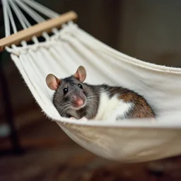 Grainy 35mm photograph of a mouse laying in a hammock