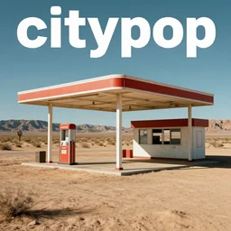 citypop album cover of an abandoned gas station in the mojave desert