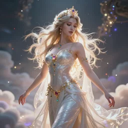 a beautiful female human god of lighters character, character is in all its glory, character is centered on the image, character is in her natural pose, rim lights, magic in the air, fancy clouds, highly detailed professional photo, dynamic lights, particles are flying, depth of field, trending on artstation, illustration, hyper realistic, vray caustics, super detailed, colorful accents, cinematic shot