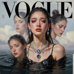 3 d, crying fashion model, jewelry, liquid black water, morning, vogue cover style, poster art, high detail, intricate oil painting, multiple exposure, heaven mood, hyperrealism, 3 d, by tooth wu and wlop and beeple and greg rutkowski