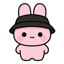 award winning simple vector art, anthropomorphic pink rabbit character wearing a black bucket hat. Cute, kawaii, Cooky, bt21, Sanrio inspired. Beautiful artwork, Rabbt_character, cute mascot, rabbit_bunny, 獣, iconic character, detailed, 4K high resolution quality artstyle by artgerm, Guweiz, Pixiv, Instagram, dribbble, ArtstationHD